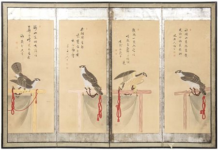 PARAVENTO A QUATTRO ANTE CON FALCHI<br>Giappone, XIX secolo<br>