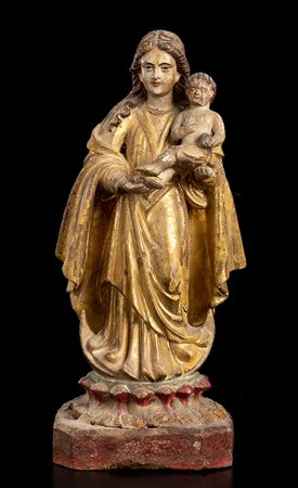 MADONNA COL BAMBINO IN LEGNO DIPINTO<br>Indo-portoghese, XVIII-XIX secolo