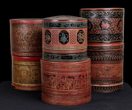 SEI SCATOLE IN LEGNO LACCATO<br>Birmania, XX secolo