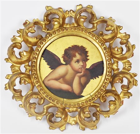 ANGIOLETTO in legno dipinto entro cornice in legno scolpito dorato diam cm 22...