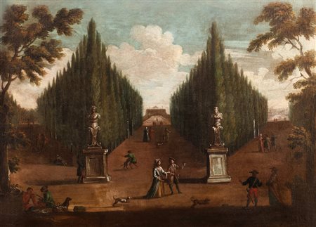 Scuola veneta, secolo XVIII - Giardino di una villa con astanti; e Giardino di una villa con mendicanti presso sculture antiche
