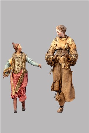 Lotto di due sculture da presepe in terracotta e legno: Madonna e pastora, Napoli secolo XIX