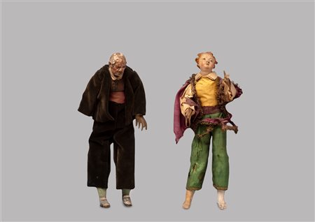 Lotto di due sculture da presepe in terracotta raffiguranti pastori, Napoli secolo XIX