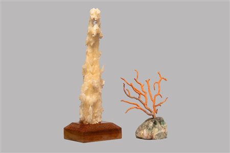 Lotto di due minerali e un corallo: pietra paesina, stalattite e ramo di corallo