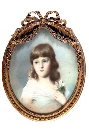 Scuola italiana, fine del secolo XIX - inizi del secolo XX - Ritratto di bambina a mezzo busto con giglio