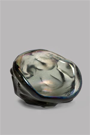 Vaso in vetro di Murano corroso color petrolio, con iridescenze all'interno, secolo XX 