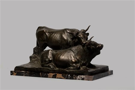 Scultura in terracotta patinata a bronzo raffigurante due buoi, inizi secolo XX