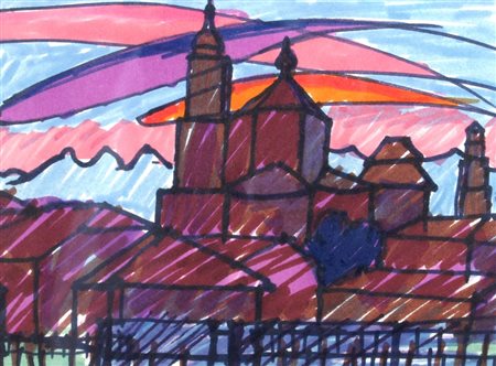 SALVO (Leonforte 1947) "Paesaggio" Pennarello su cartoncino cm. H: 16.00 L:...