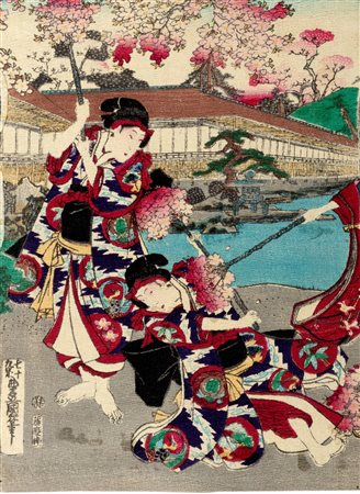 Stampa raffigurante donne in un giardino, Giappone periodo Meiji