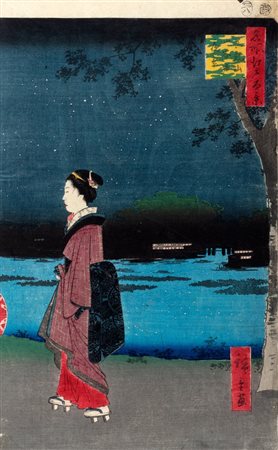 Hiroshige - Stampa raffigurante donna che cammina sulla riva di un fiume sotto il celo stellato, Giappone periodo Meiji
