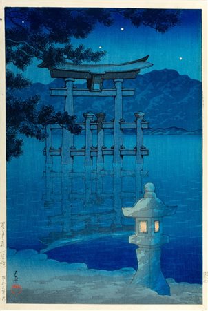 Kawase Hasui (Giappone 1883-1957)  - Stampa raffigurante paesaggio lacustre con cielo stellato, Giappone periodo Showa
