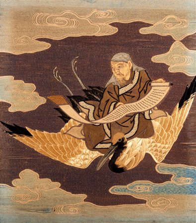 Tessuto ricamato con saggio su cicogna, Giappone periodo Meiji