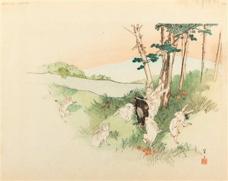 Stampa raffigurante talpa e conigli in un paesaggio, Giappone periodo Meiji