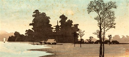 Stampa raffigurante paesaggio fluviale, Giappone secolo XX