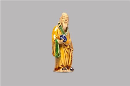 Statuetta in ceramica policroma, raffigurante saggio, Cina dinastia Qing