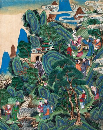Dipinto su seta raffigurante paesaggio con figure, Cina secolo XIX
