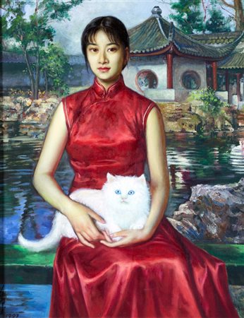 Chen Feng (Shenyang 1955)  - Ritratto di giovane donna in abito rosso con gatto