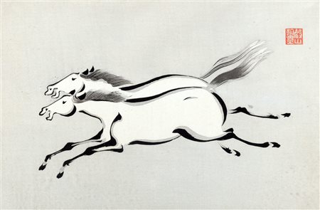 Lotto di tre stampe raffiguranti cavalli, Cina secolo XX 