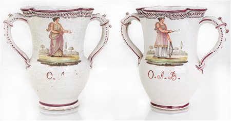 Due antichi vasi biansati in maiolica policroma decorati con figure classiche...