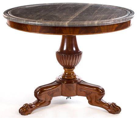Tavolino in mogano d'epoca Impero con piano circolare in marmo grigio...