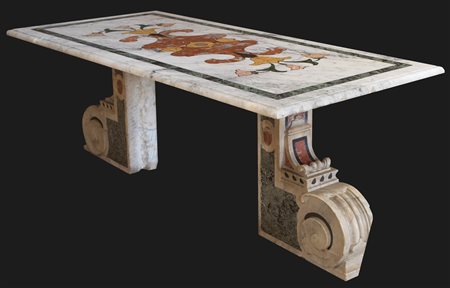 Tavolo in marmo con piano rettangolare in commesso su due antiche mensole ,...