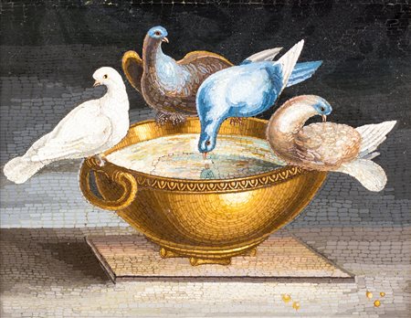 Mosaico minuto, Roma, XIX secolo raffigurante le colombe di Plinio; cornice...