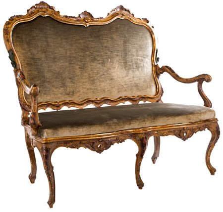 Divano in legno dorato, Venezia, metà del XVIII secolo con cornici sagomate...