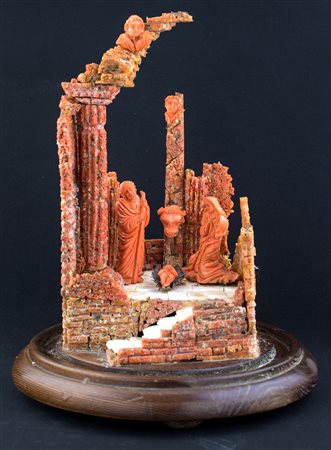 Composizione in corallo raffigurante Natività, Sicilia, XIX secolo con le tre...