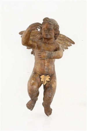 Scultura in legno laccato, Roma XVIII secolo raffigurante un amorino danzante...