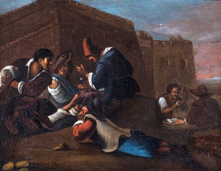 Pittore bambocciante del XVII secolo, Giocatori di dadi e di carte Iscritto...