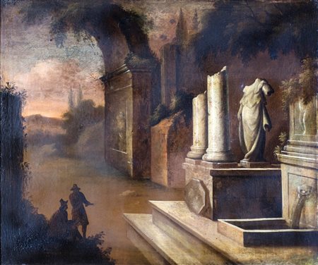 Pittore fine del XVIII secolo, Paesaggio con rovine e figure olio su tela, 63x76