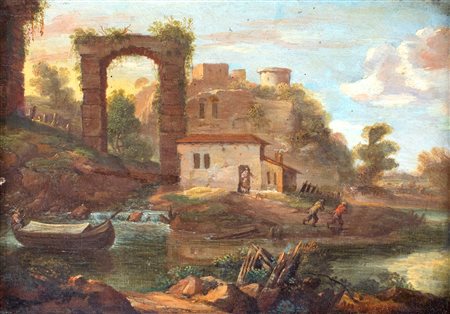 Scuola Veneta del XVIII secolo, Paesaggio fluviale con borgo e figure olio su...