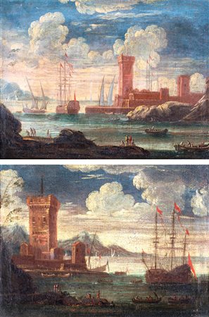 Pittore fine XVII/inizio XVIII secolo, Marina con galeone ed altre...