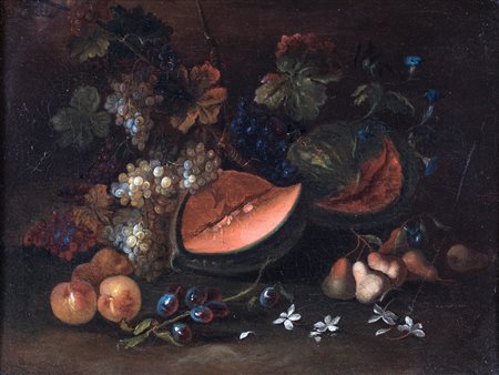 Pittore romano del XVII secolo, Natura morta di frutta con uva e melone olio...