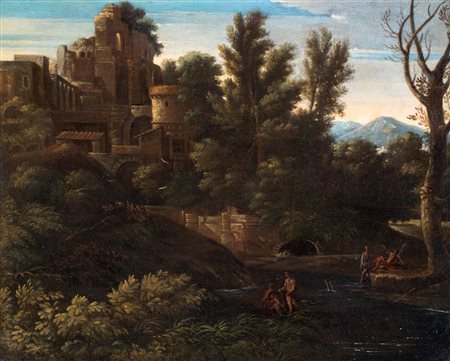 Gaspard Dughet (attribuito), Paesaggio con borgo e figure olio su tela, 37x47