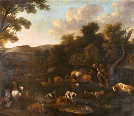 Scuola Fiamminga del XVII secolo, Paesaggio con armenti olio su tela, 115x135