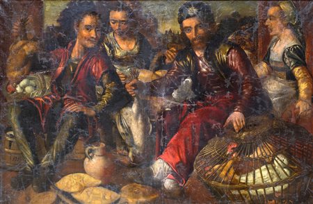 Joachim Beuckelaer (cerchia), Scena di genere al mercato di pollame Siglato...