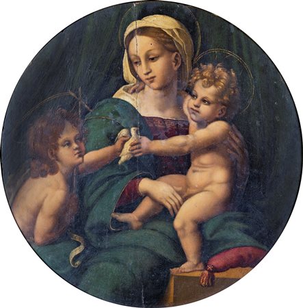 Pittore del XVI secolo, Madonna col Bambino e San Giovannino olio su tavola...