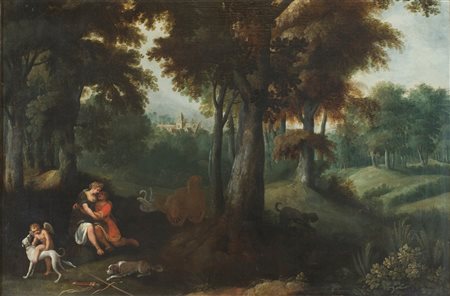Lucas van Uden, Venere e Adone nel paesaggio con figura di Cupido e animali...