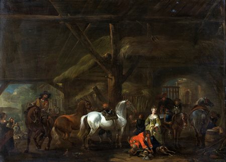 Pieter Wouwerman, Borgo con cavalli e figure olio su rame, 48x65