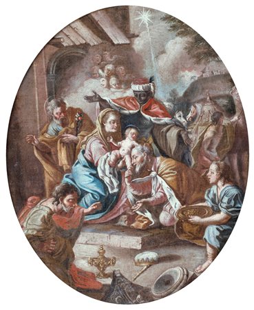 Scuola napoletana del XVIII secolo, Adorazione dei Magi olio su tela ovale,...