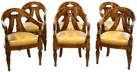 Sei poltrone di linea avvolgente in palissandro con intarsi in acero, Napoli,...