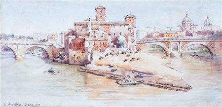 Ettore Roesler Franz, Veduta dell'Isola Tiberina da Ponte Garibaldi Firmato e...