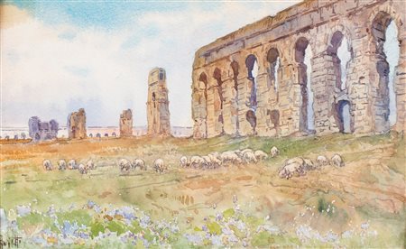 Filippo Anivitti, Campagna romana con gregge e i resti dell'acquedotto...