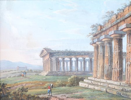 Pittore del XIX secolo, Veduta dei templi di Paestum acquerelli su carta, 22x30