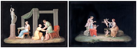 Pittore del XIX secolo, a) Interno pompeiano b) Mercantessa di Amore coppia...