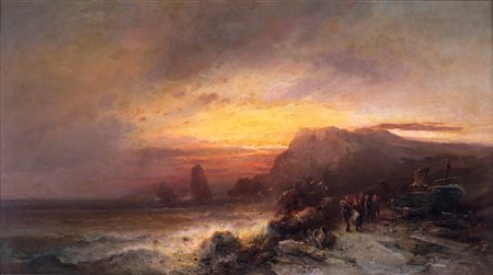 Pittore del XIX secolo, Tramonto sul monte Solaro con figure e faraglioni in...