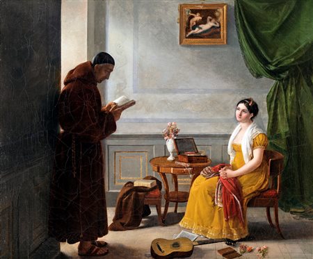 Anonimo del XIX secolo, Interno con figure olio su tela, 63x74