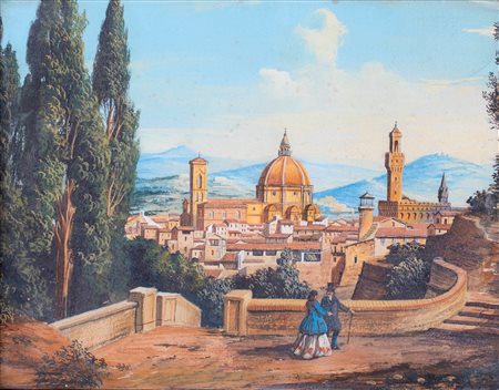 Pittore del XIX secolo, Veduta di Firenze da Piazzale Michelangelo tempera su...