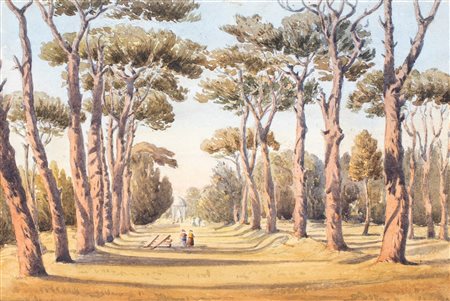 Anonimo del XIX secolo , Viale di Villa Borghese F2, acquerello su carta, 17x25